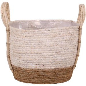 Weißer Korb mit Henkeln aus Stroh und Seegras, Ø 24 cm, für Übertöpfe.