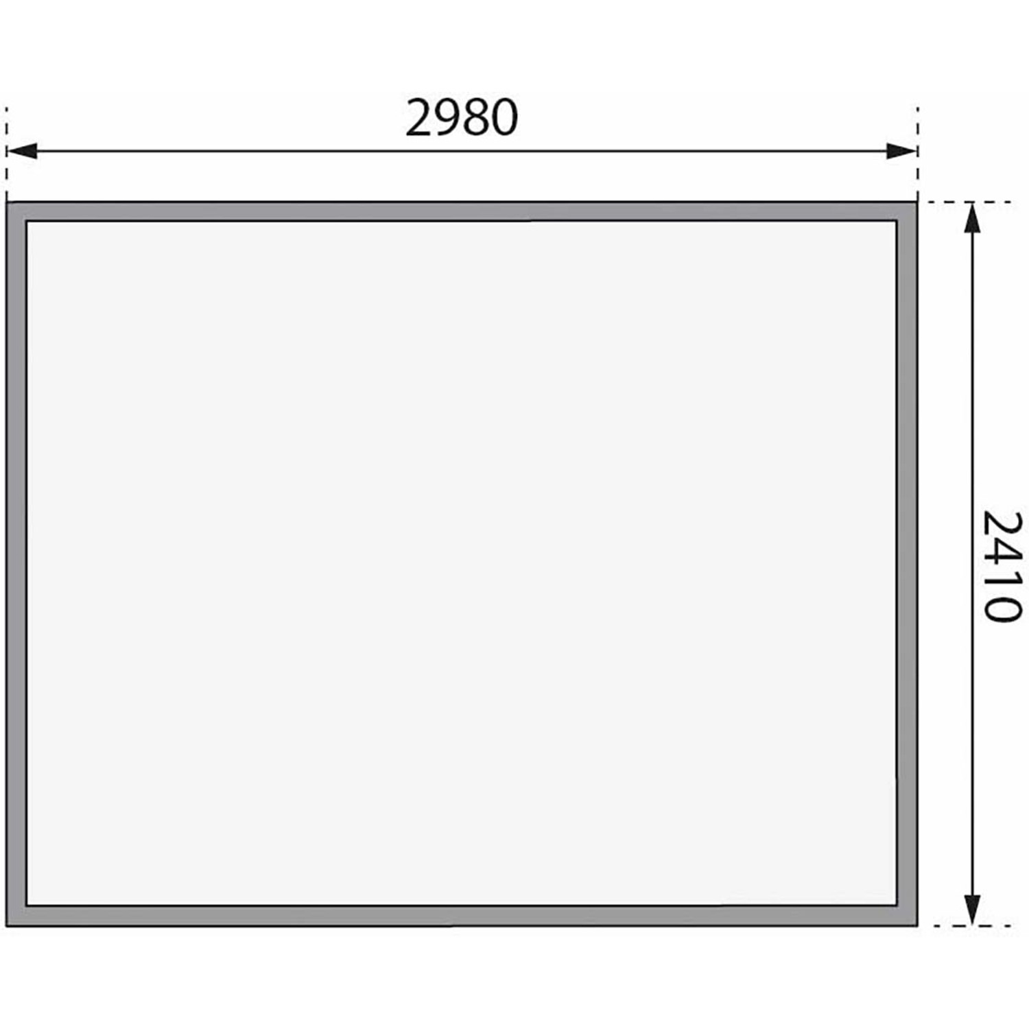 Skizze Karibu Holz-Gartenhaus Sölve, naturbelassen, mit Maßangaben 298x242cm.