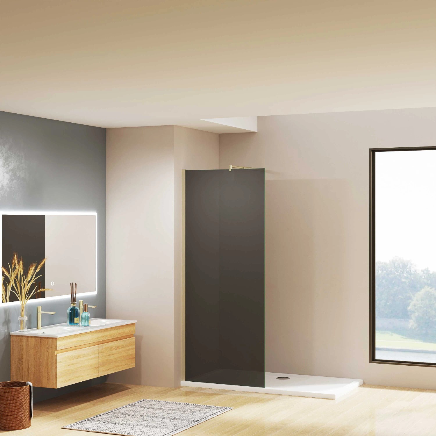 AICA Walk In Dusche mit Goldrahmen, 100x200cm, Rauchglas mit NANO-Beschichtung.