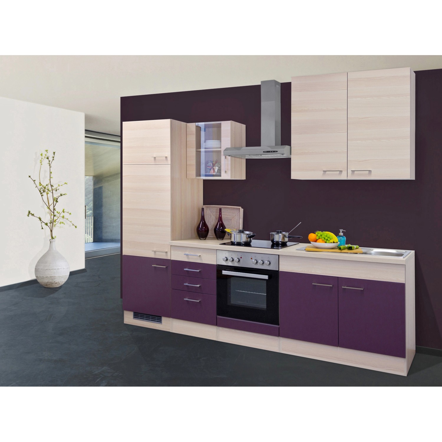 Flex-Well Exclusiv Küchenzeile/Küchenblock Focus 270 cm Akazie-Aubergine