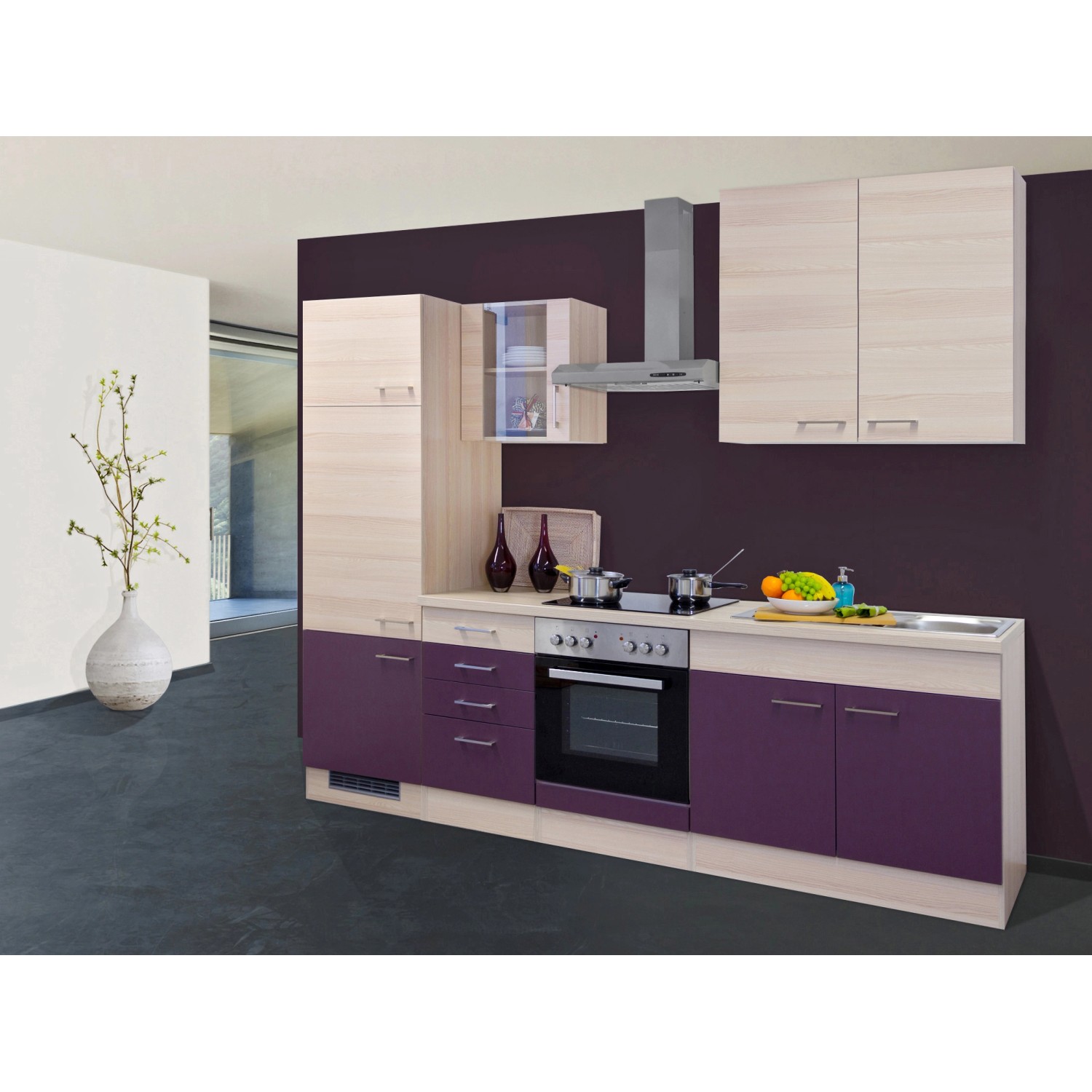 Flex-Well Exclusiv Küchenzeile Focus 270 cm Akazie-Aubergine günstig online kaufen