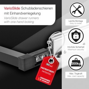 SOTECH VarioSlide Schubladenschienen KV2-200-H76-700 EH 700 mm bis 200 kg Einhandverriegelung Schwarz für Schubladen mit Front bis 900 mm Breite