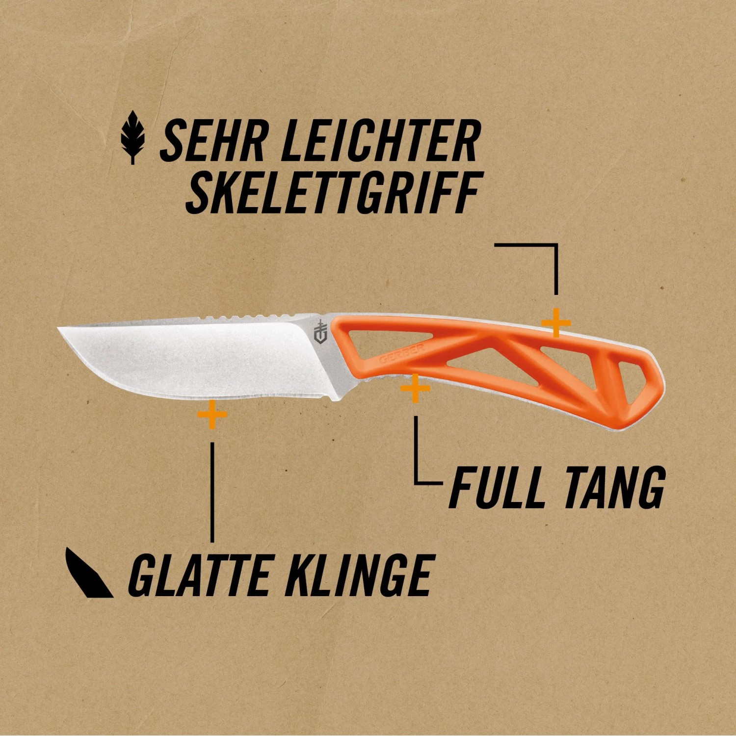 Gerber Exo-Mod Gürtelmesser mit Drop-Point-Klinge und orangefarbenem Skelettgriff.