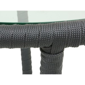 Detailansicht Tisch der Sitzgruppe Piräus: Graues Seilgeflecht, Glasplatte. Gartenmöbel-Set.