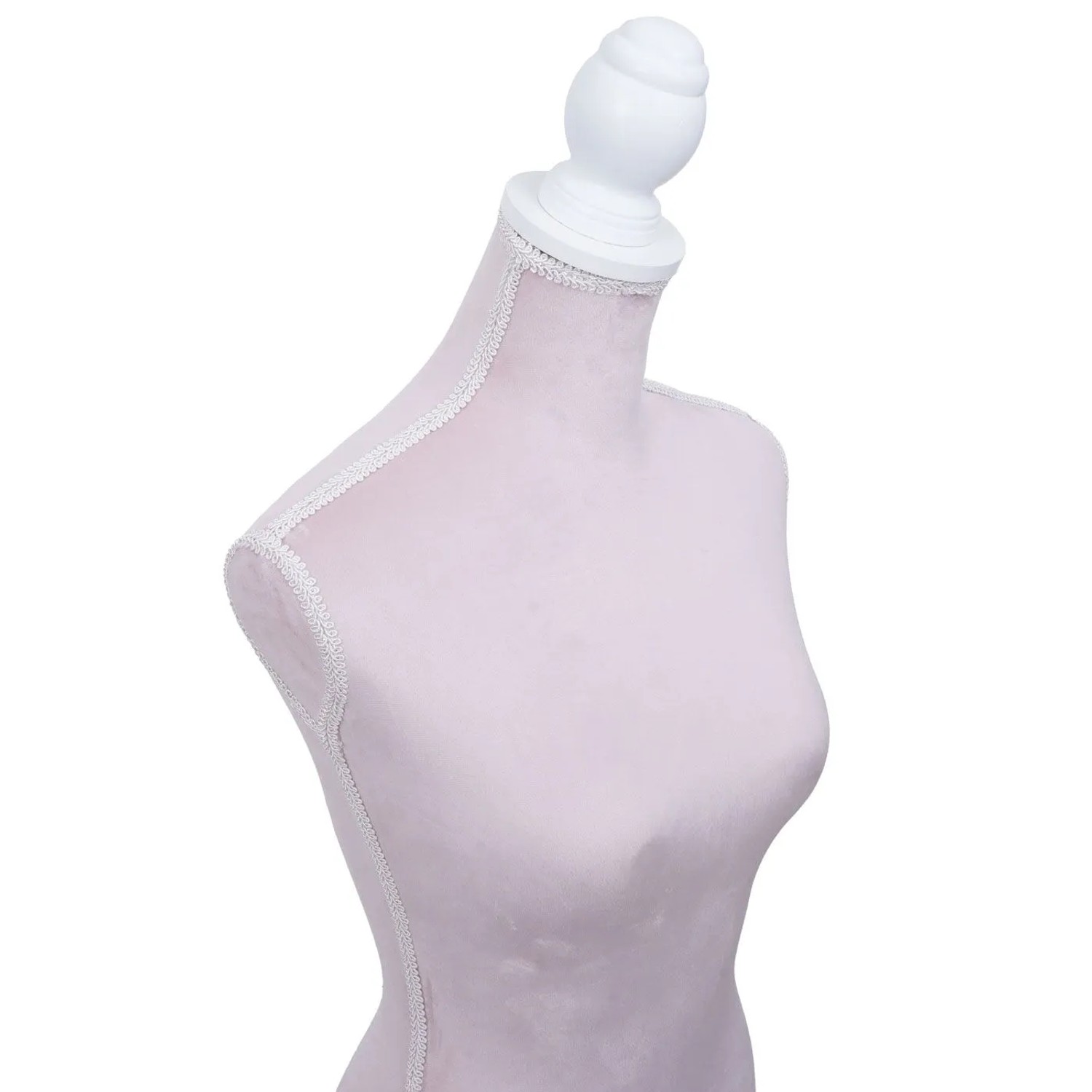 Elegante rosa Schneiderpuppe, weibliche Damenbüste mit Stoffbezug, weißer Zierbordüre und Holzknauf. Für Mode & Dekoration.