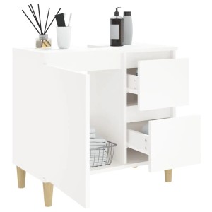 Weißer vidaXL Badschrank (65x33x60 cm) aus Holzwerkstoff mit Schubladen und Tür.