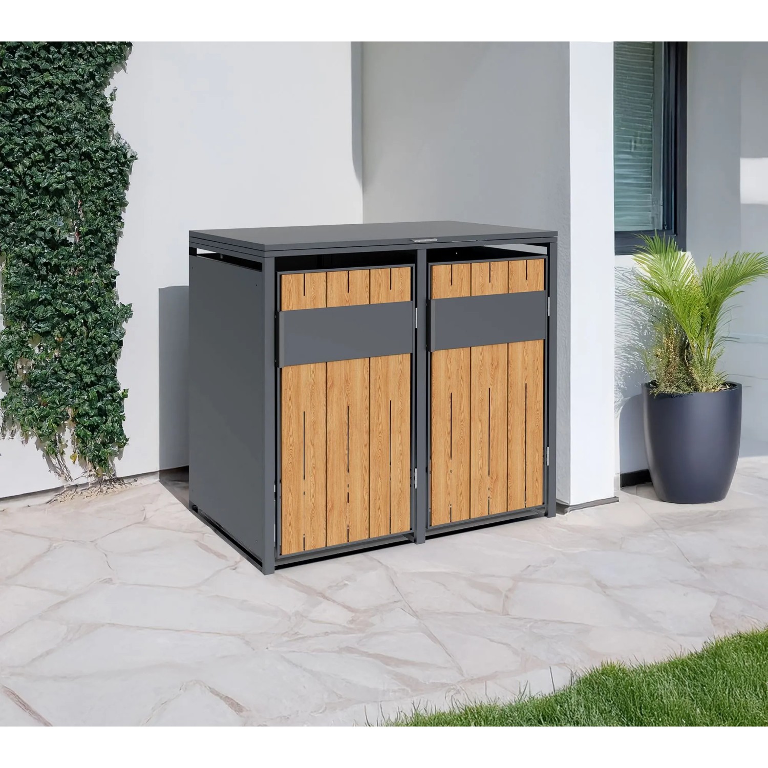 Westmann Mülltonnenbox Varius 2 für 2 Tonnen, Anthrazit Stahl mit Holzoptik Fronten auf Terrasse.