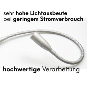 Silbergraue LED Bettleuchte mit flexiblem Schwanenhals, ideal als Leseleuchte am Nachttisch.