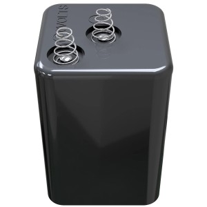 Schwarze 6V Blockbatterie (4R25) für Baugeräte, Detailansicht der Pole.