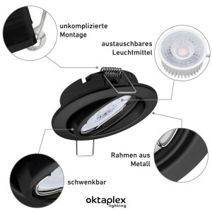 Oktaplex Dijon Einbauleuchte, 6er Set, schwenkbar, schwarz, für 50mm LED-Module. Deckenspot für Lampen & Leuchten.