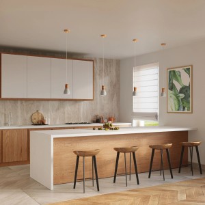 Graue Sollux Lighting Qubic Hängeleuchten über einer Kücheninsel mit Holzdetails.