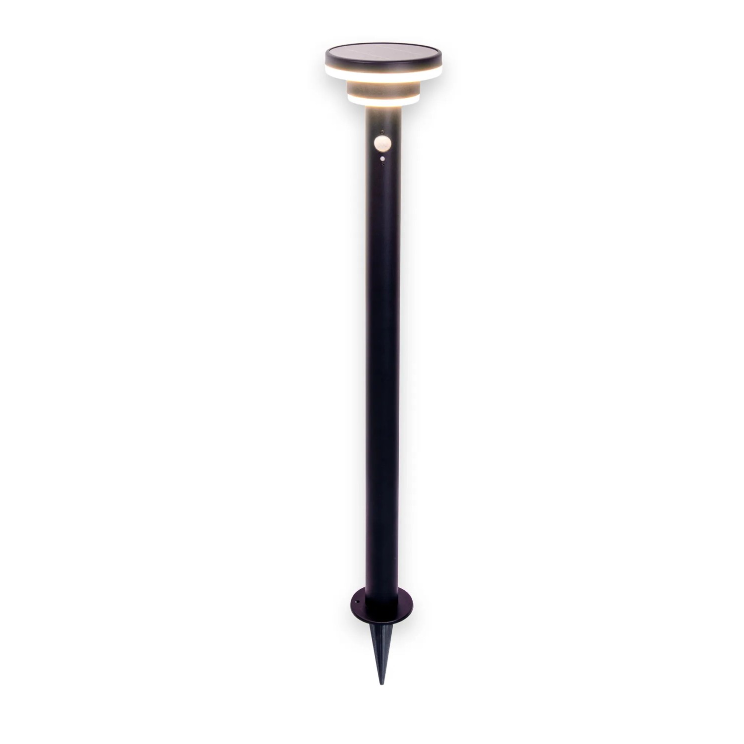 Schwarze LED Solar Stehleuchte Nora mit Erdspieß, 86cm hoch, für den Garten.