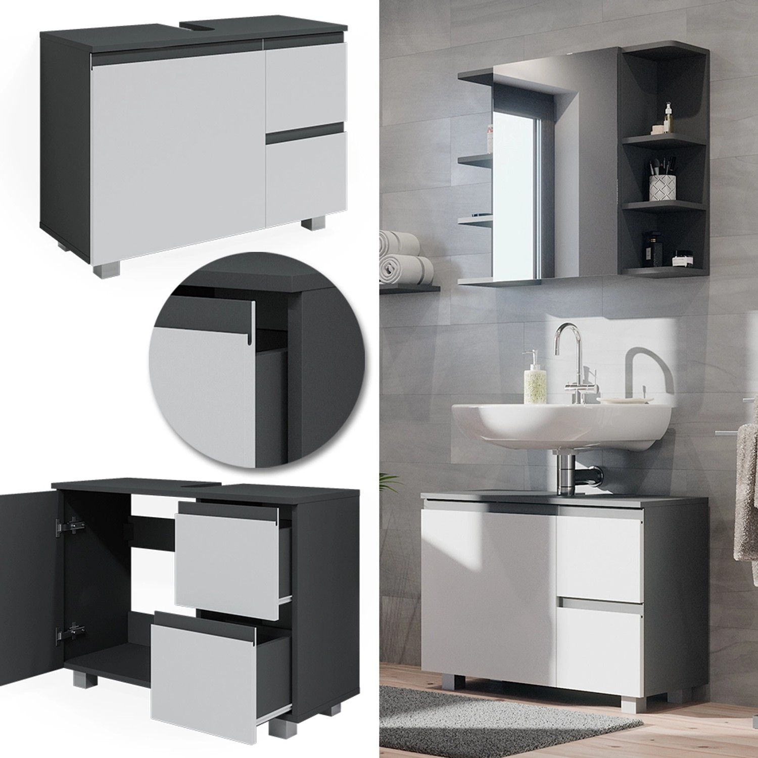 Vicco Waschbeckenunterschrank J-Shape, weiß/anthrazit, 80 cm breit. Badmöbel mit Stauraum.