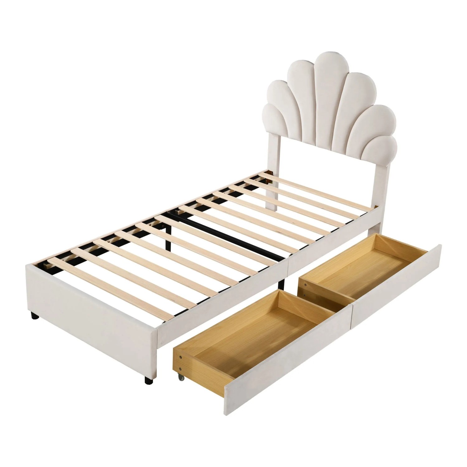 Merax Kinderbett 90x200cm Samt Blumen Kopfteil Beige