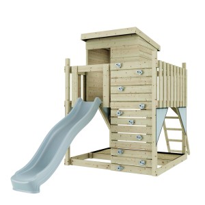 PolarPlay Stelzenhaus Polarlicht Eisblau mit Rutsche und Kletterwand aus Holz.