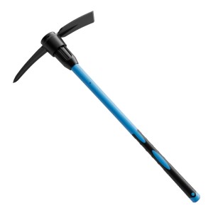 Wiltec Kreuzhacke mit schwarzem Stahlkopf, blauem Fiberglasstiel und gummiertem Griff. Gartenhacke für Erdarbeiten.