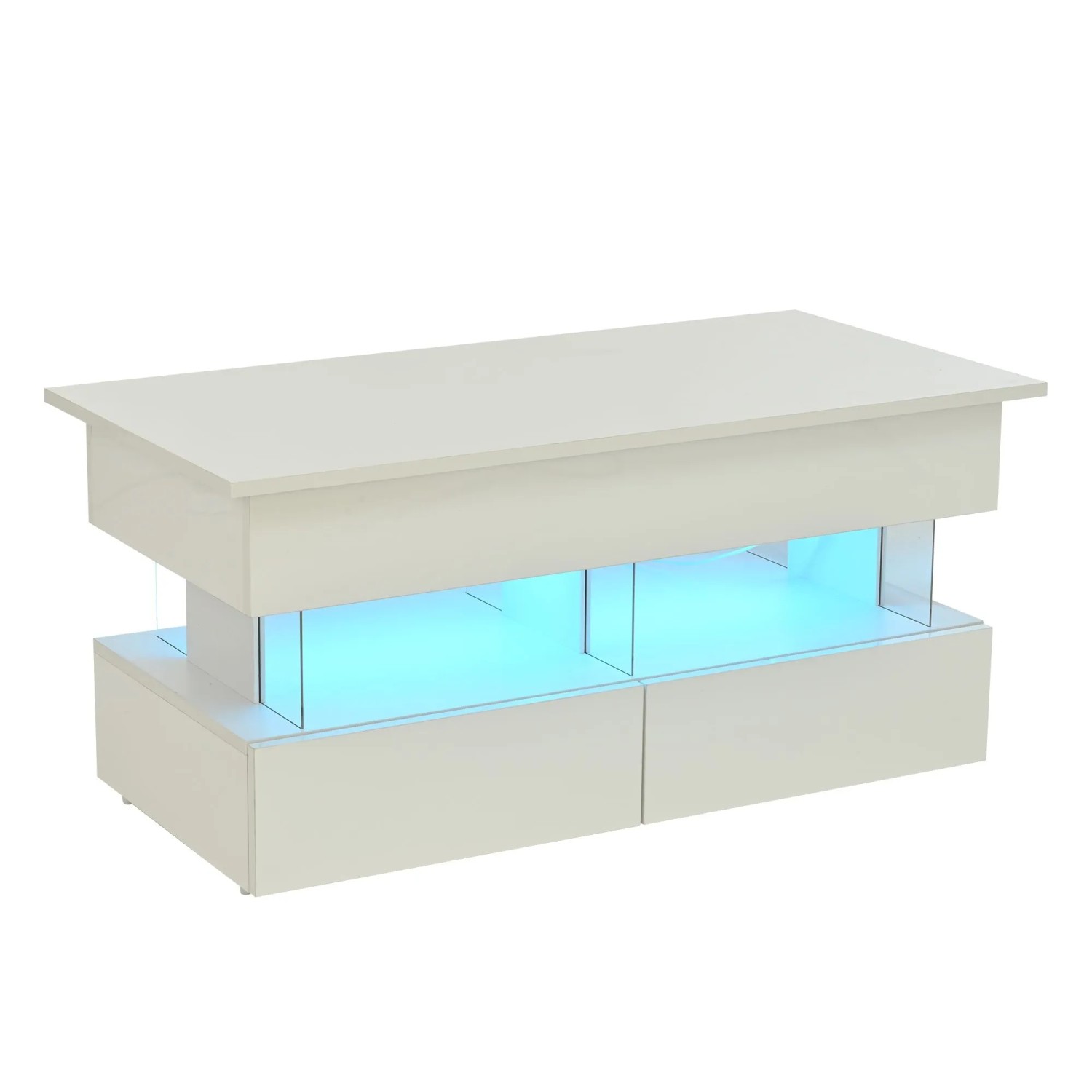 Merax Couchtisch Höhenverstellbar mit LED 2 Schubladen Stauraum Hochglanz Weiß