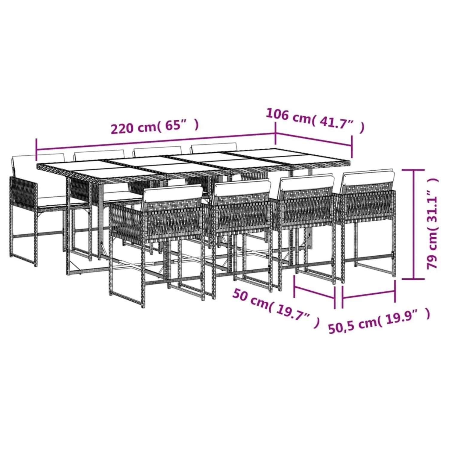 vidaXL 9-tlg. Garten-Essgruppe aus grauem Rattan mit Tisch, Stühlen und Kissen.