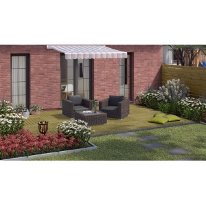 Verlegte, geriffelte, grün druckimprägnierte Holzfliesen 100x100 cm auf Terrasse mit Sitzgruppe.