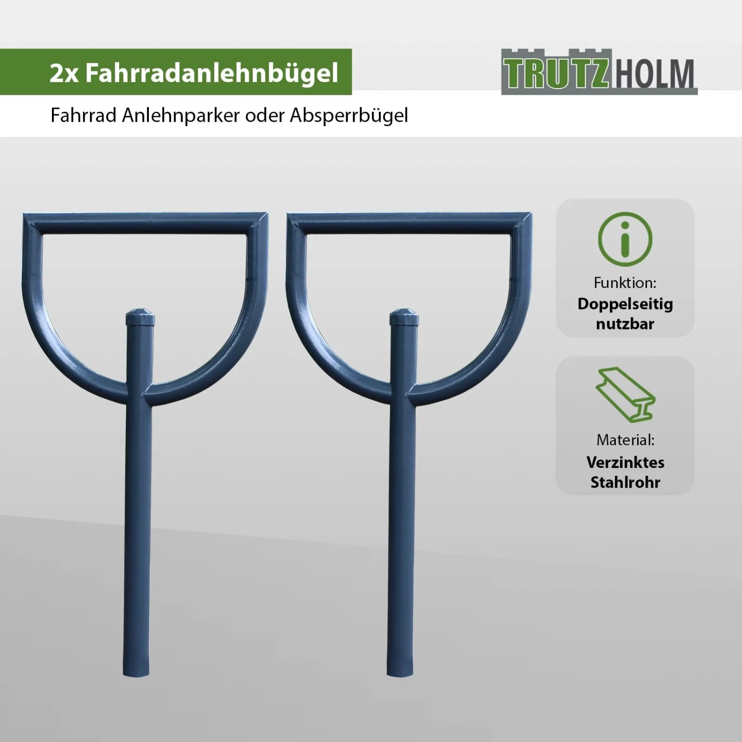 2 anthrazitfarbene TRUTZHOLM Fahrradanlehnbügel aus Stahl, 118x56 cm, zum Einbetonieren.