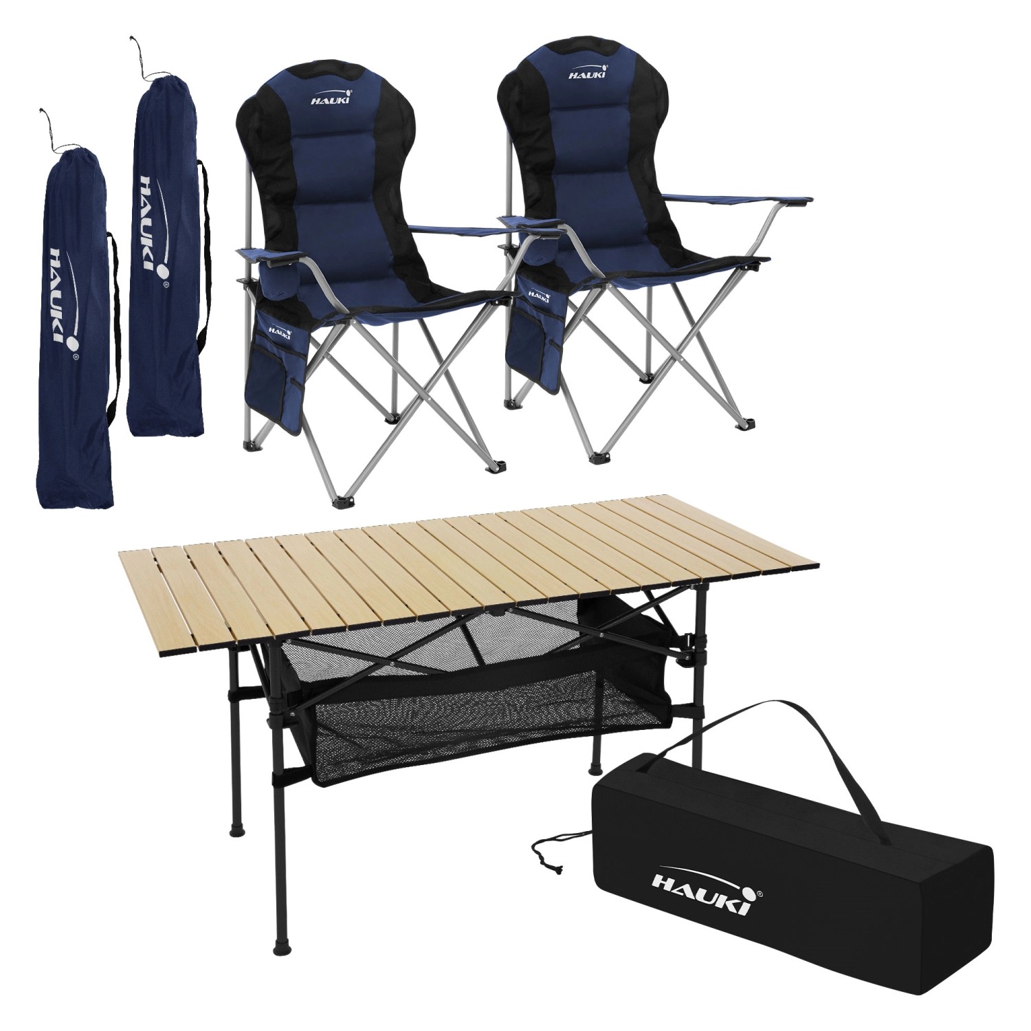 Hauki Campingmöbel Set 3 Teilig Tisch Faltbar Beige mit 2 Stühle Blau