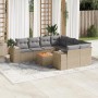 Beige 9-tlg. Garten-Sofagarnitur aus Poly Rattan mit hellgrauen Kissen und Akazienholztisch.