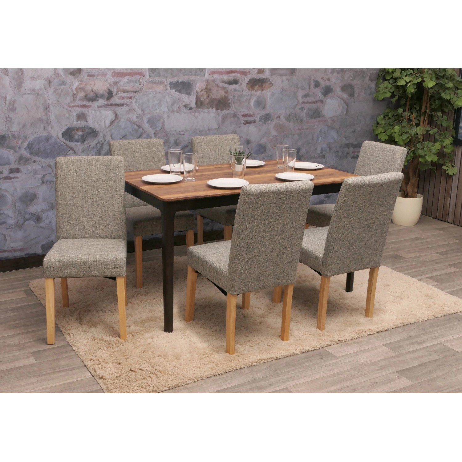 6er Set: Graue Polsterstühle Littau mit Textilbezug und hellen Holzbeinen.