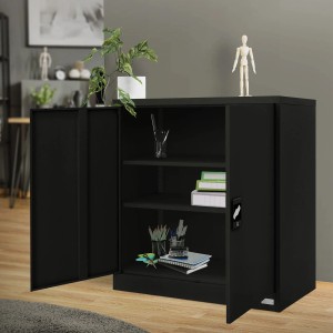 Schwarzer ML-Design Aktenschrank aus Stahl, abschließbar, mit zwei Türen und verstellbaren Böden.