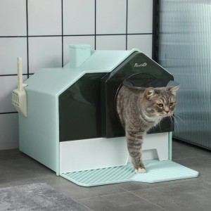 PawHut Katzentoilette im Hütten-Design mit Katze, Schaufel und herausnehmbarer Bodenwanne.