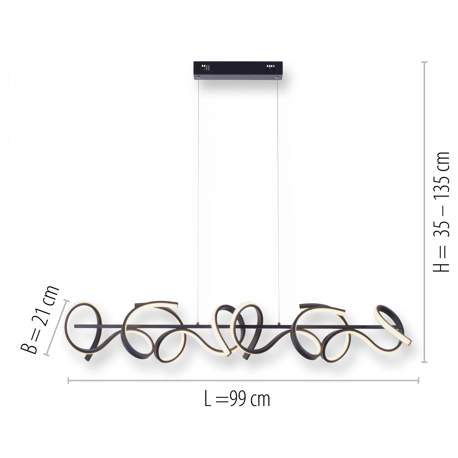 Moderne LED-Pendelleuchte Curls in Schwarz, 99 cm breit, dimmbar, für Esszimmer und Küche.