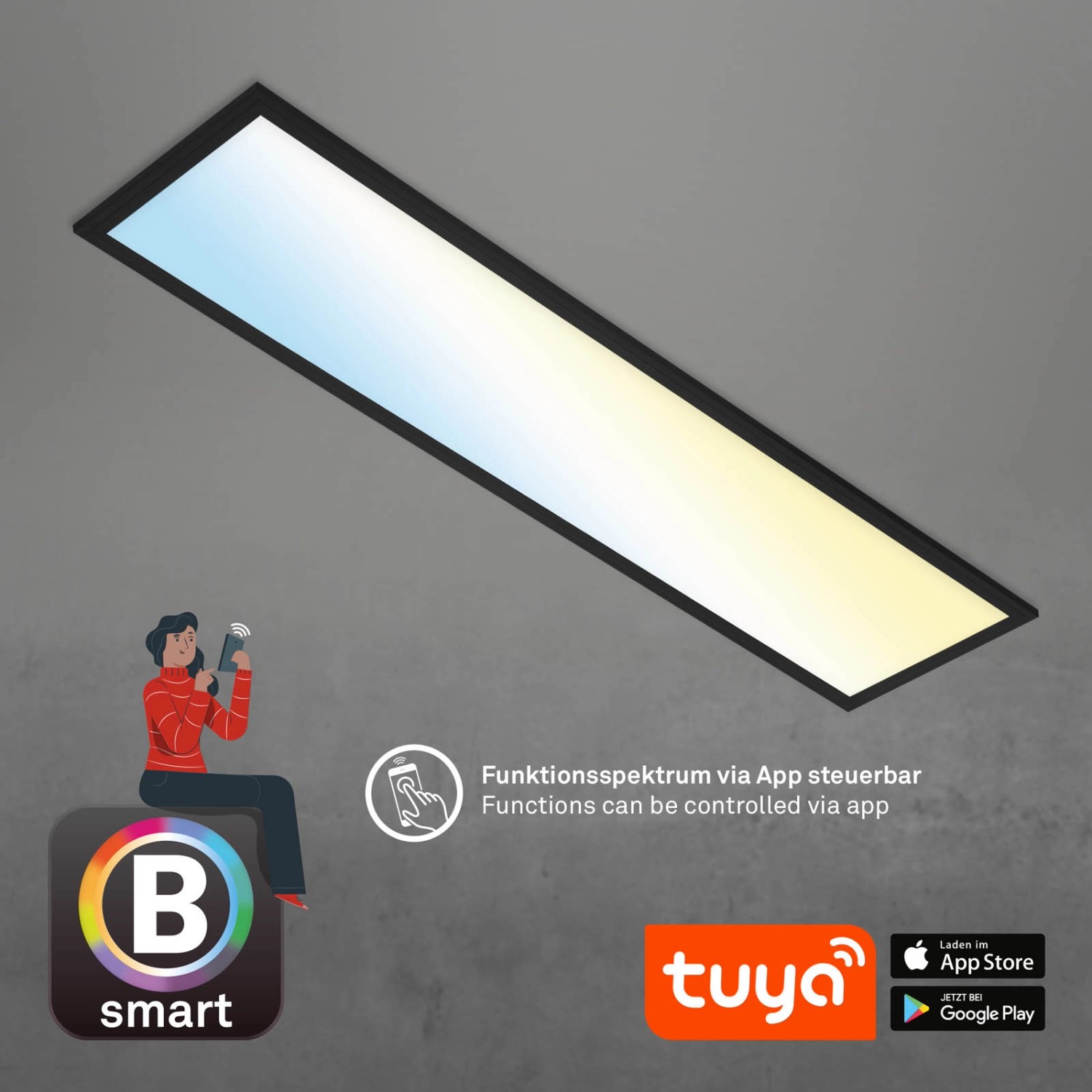 Dimmbare, schwarze Brilo LED-Deckenleuchte Piatto S B-Smart Panel mit App-Steuerung.
