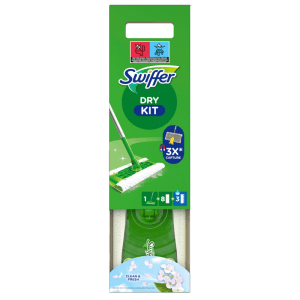 Grünes Swiffer Bodenwischer Starterset mit Wischer und Tüchern für die effektive Trockenreinigung von Hartböden. Fängt Staub und Haare.