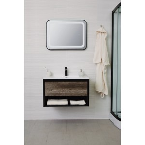 Sanotechnik Einzelwaschtisch 80 cm Eiche Schwarz mit Unterschrank und LED Spiegel im Badezimmer.