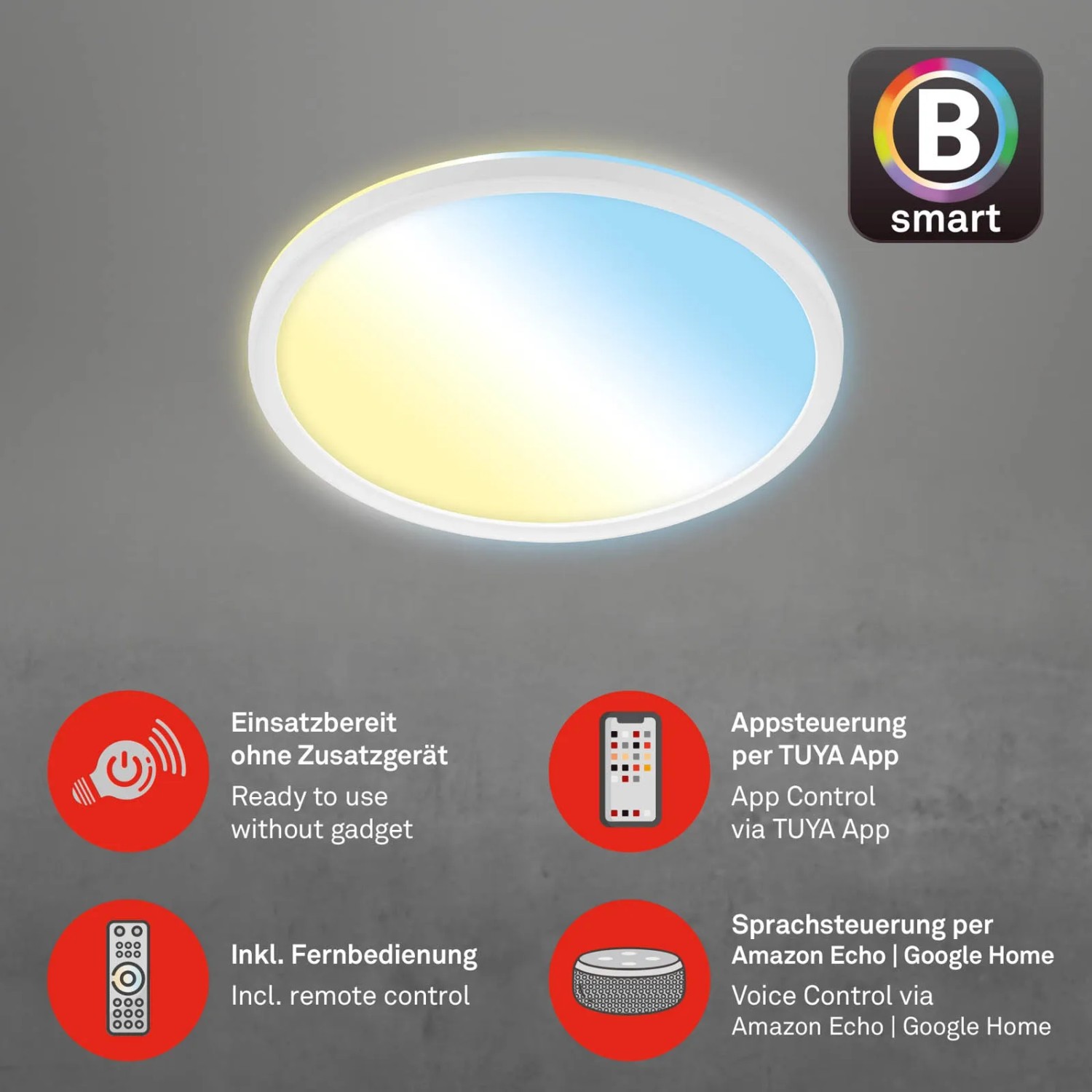 Weiße Brilo WiFi LED Deckenleuchte Slim Smart mit Farbwechsel und App-Steuerung.