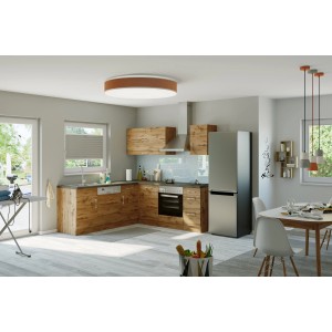 Moderne Winkelküche Sorrento in Wotaneiche-Optik mit E-Geräten und Edelstahl-Dunstabzugshaube.