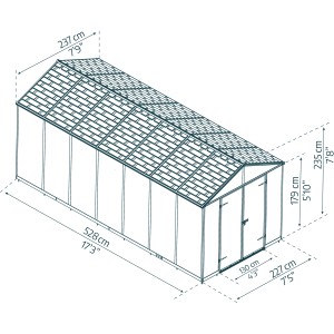 Skizze: Graues Palram Canopia Gerätehaus Rubicon, 237x528 cm, mit Maßangaben.