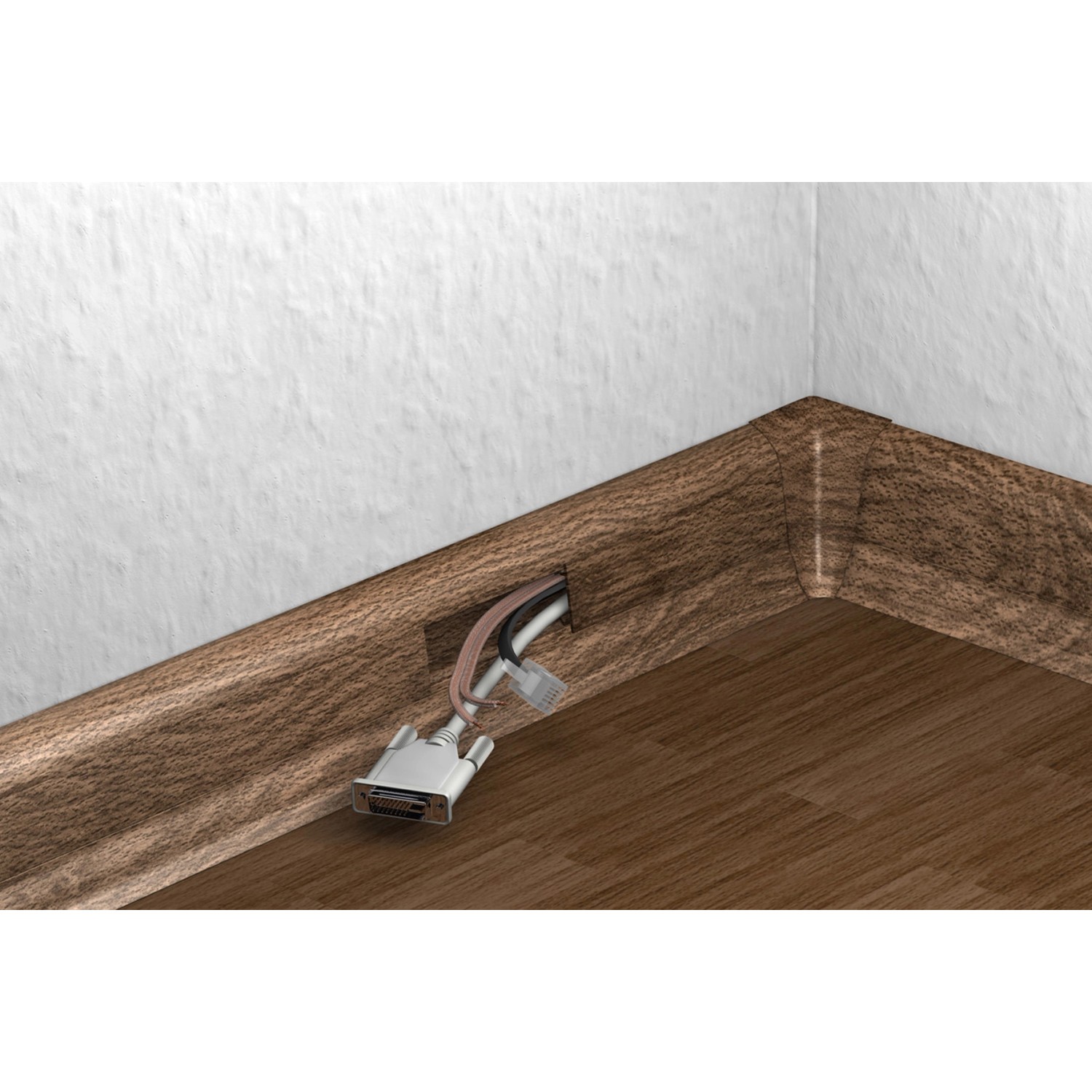 Buche gelbe Sockelleiste System 5 mit Kabelkanal und Kabel