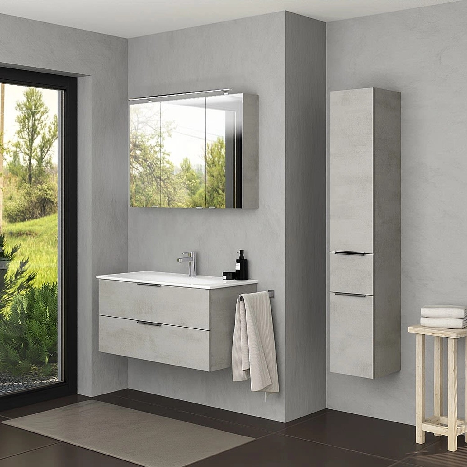 Steinkamp Waschtischunterschrank Living 2.0 mit GROHE Essence Waschtisch, oxid hellgrau, 100 cm breit.