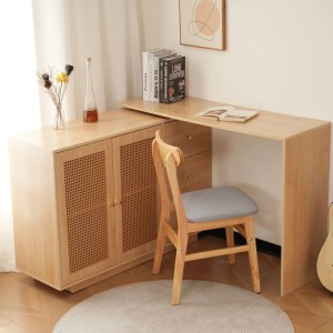 okwish Schreibtisch Eck Computertisch Rattantüren Für Büro Wohnzimmer 126x40x75cm Natur