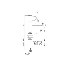 Technische Zeichnung: pianura Bidet-Einhebelmischer Stella, schwarz matt, mit Maßen.