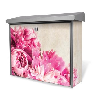 Banjado Edelstahl Briefkasten mit Pfingstrosen Motiv, 38.5x31.5x12cm, ohne Zeitungsfach.