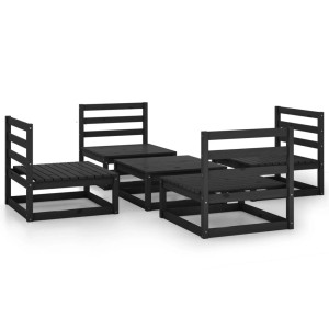 Schwarzes 5-tlg. Garten-Lounge-Set aus Kiefernholz mit Tisch und Sesseln.
