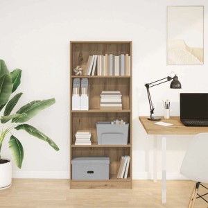 vidaXL Bücherregal Artisan-Eiche aus Holzwerkstoff mit fünf Fächern, gefüllt mit Büchern und Deko, im Wohnzimmer.