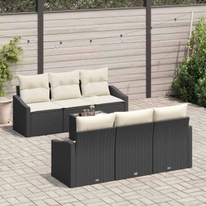 Schwarzes vidaXL Sofa Set mit creme Kissen, 7-teilig, aus Poly-Rattan für Lounge-Gartenmöbel.