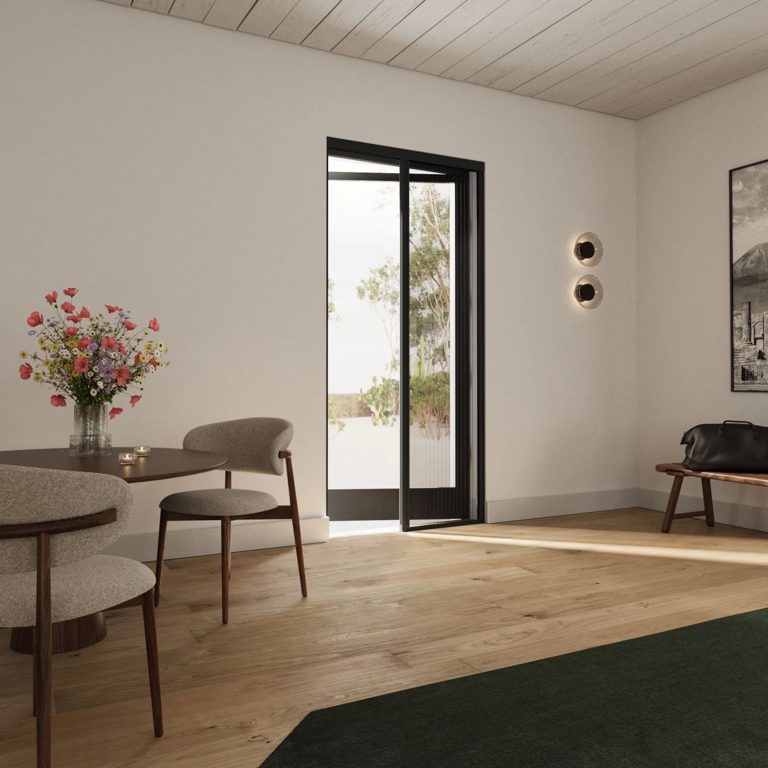 Anthrazitfarbene Insektenschutztür Plissee von Cocoon Home Concepts im Wohnraum.