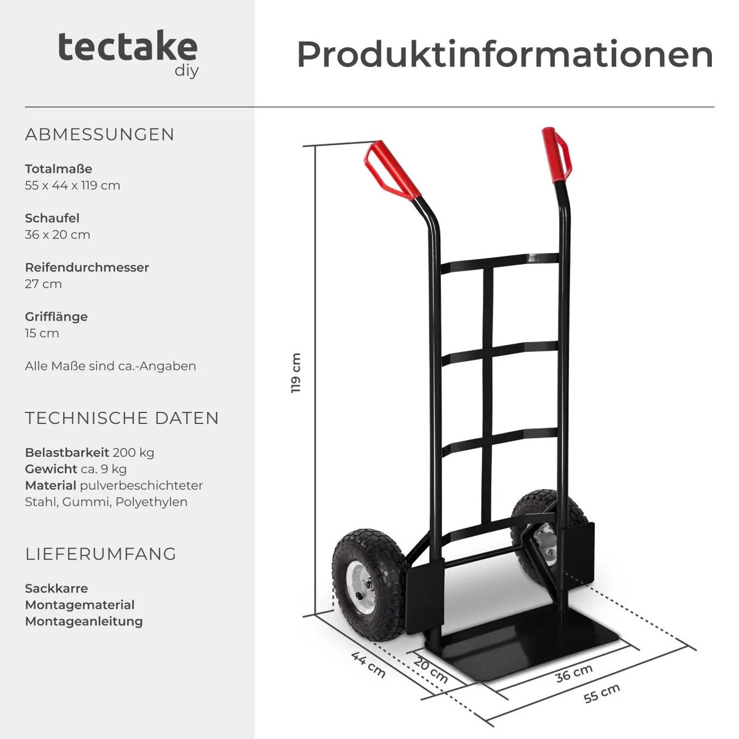 Tectake Sackkarre Mit Stahlrahmen Luftbereifung 55 x 44 x 119 cm Schwarz_6