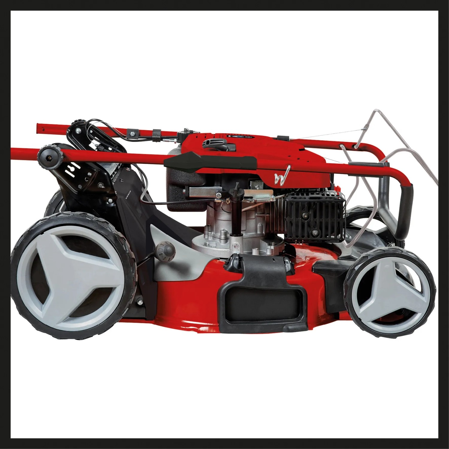 Einhell GC-PM 56/2 S HW Benzin Rasenmäher, rot, mit Hinterradantrieb und großem Fangkorb.