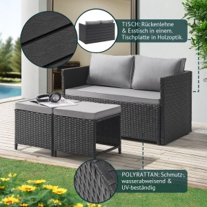 Schwarze Svita Athina Polyrattan Sitzgruppe mit grauem Sofa, zwei Hockern und ausklappbarem Tisch für Balkon & Garten.