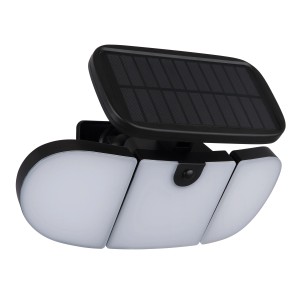 Schwarze, matte Globo Solarleuchte mit Sensor und drei Leuchtelementen. Ideal für den Außenbereich.