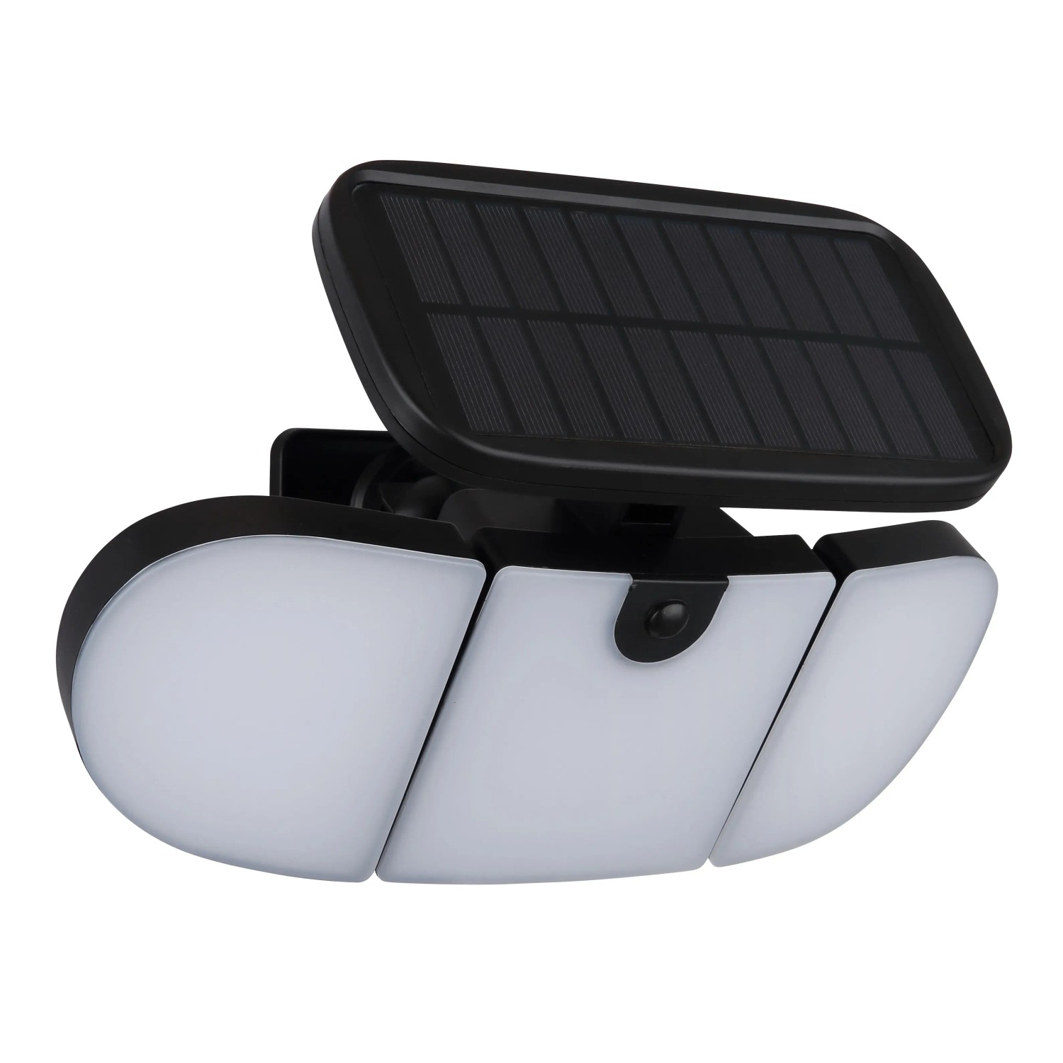 Schwarze, matte Globo Solarleuchte mit Sensor und drei Leuchtelementen. Ideal für den Außenbereich.